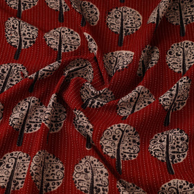 Red Bagh Block Print Kantha Work Natural Dyed Cotton Fabric