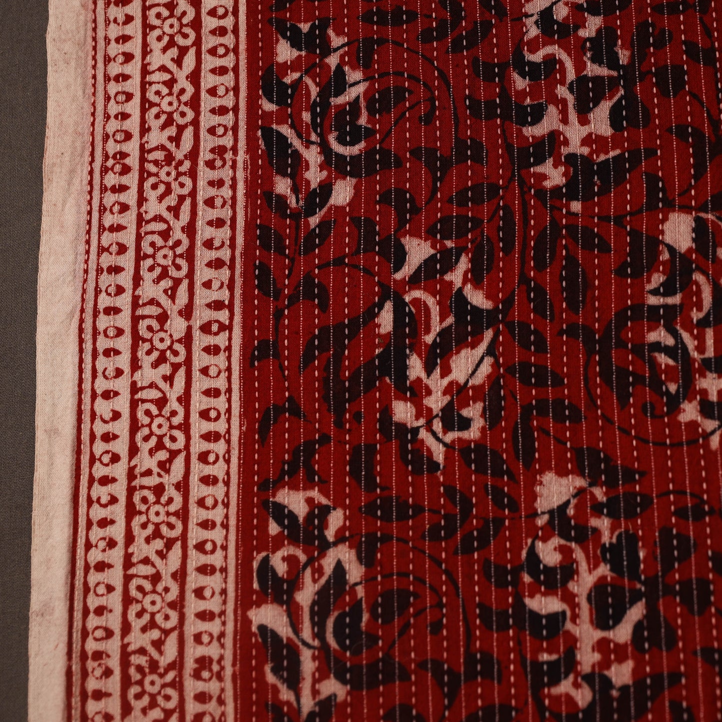 Re Bagh Block Print Kantha Work Natural Dyed Cotton Fabric