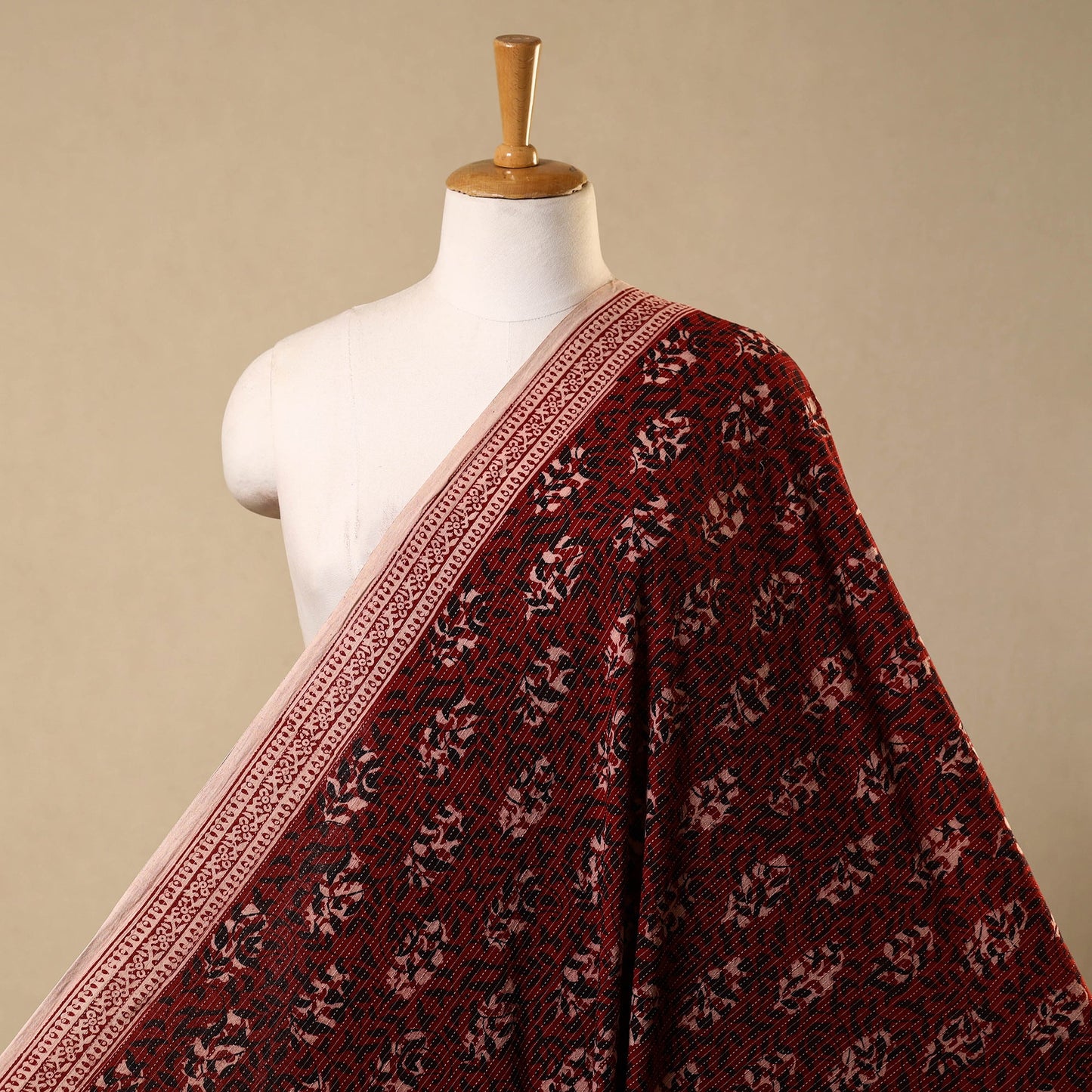 Re Bagh Block Print Kantha Work Natural Dyed Cotton Fabric