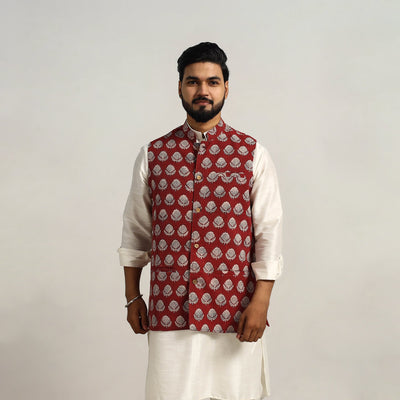 Buy Maroon Bagh Print Nehru Jacket for Men