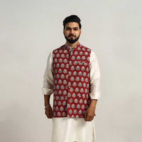 Buy Maroon Bagh Print Nehru Jacket for Men