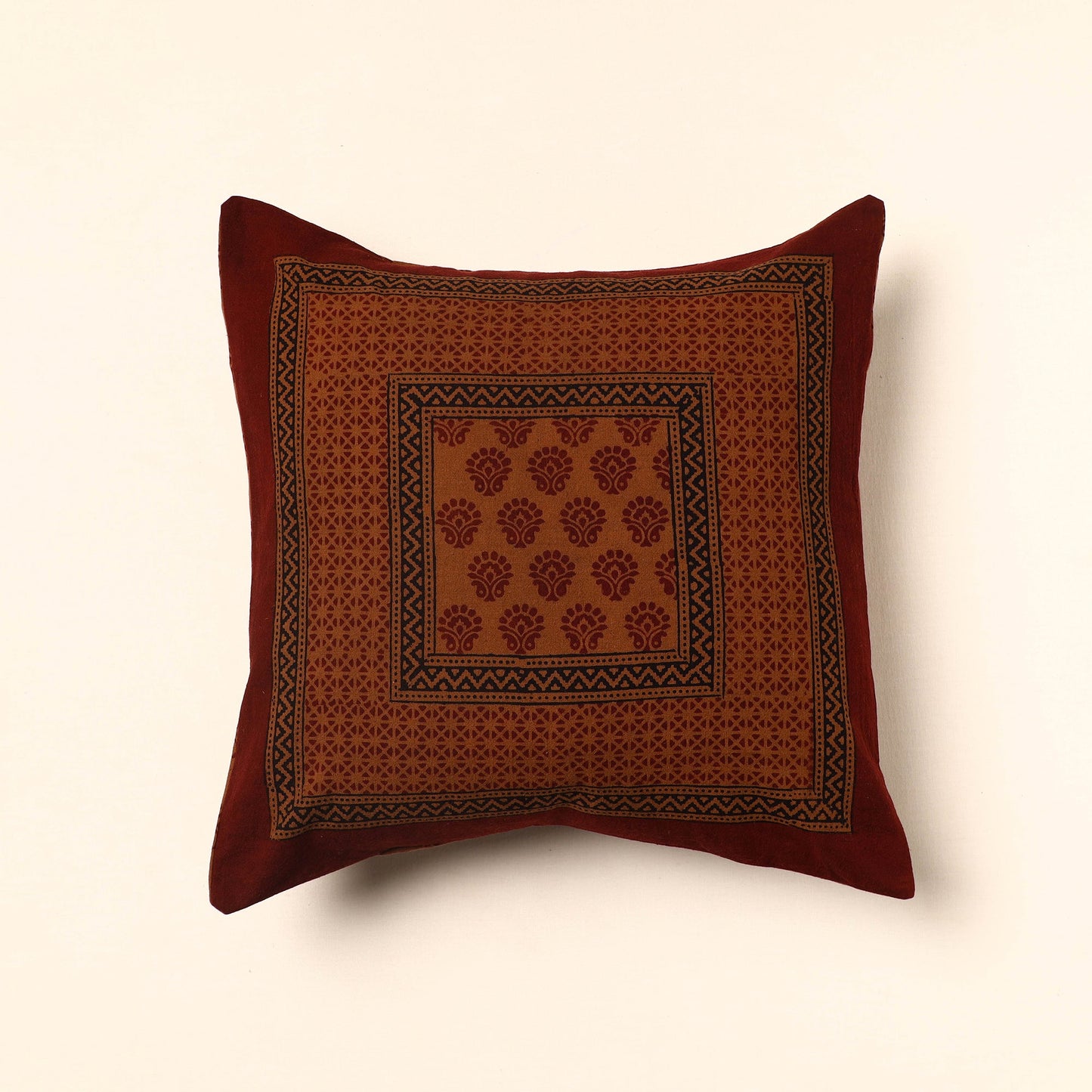Maroon - Bagh Block Printed Cotton Cushion Cover (16 x 16 in) 07
