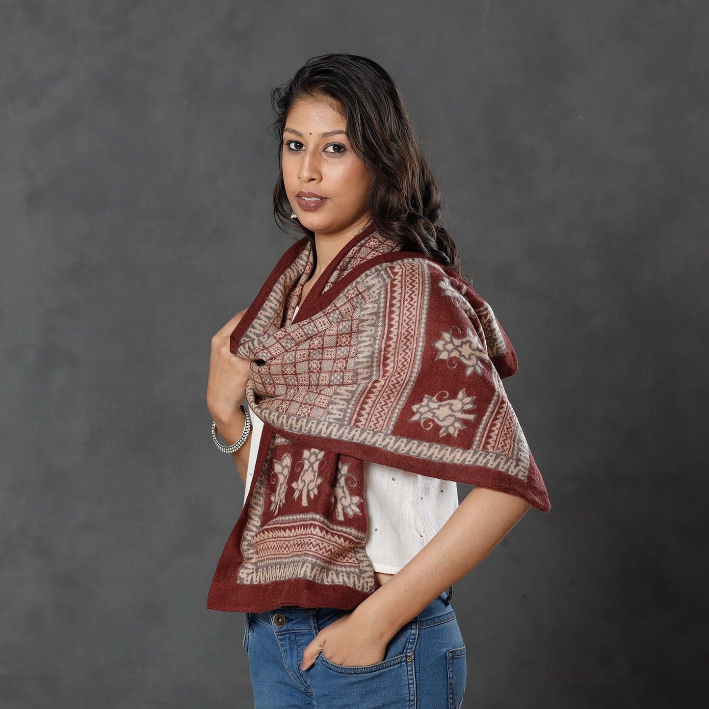  Bagh Block Printed Natural Dyed Woolen Muffler (61 in) 