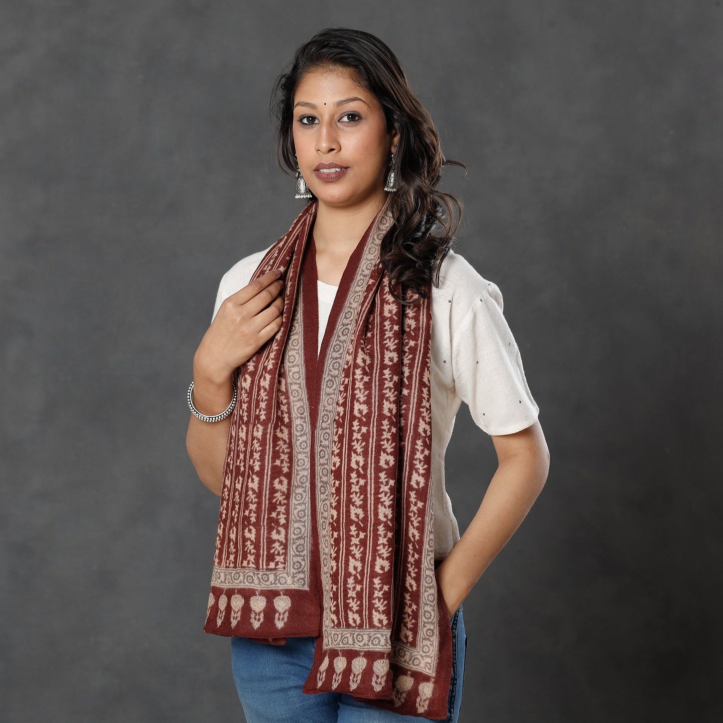  Bagh Block Printed Natural Dyed Woolen Muffler (61 in) 