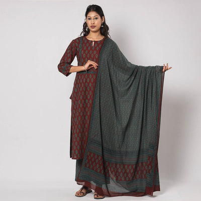  Bagh Block Printing Cotton Kurta with Palazzo & Dupatta Set 