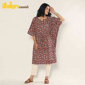 Maroon - Bagru Dabu Block Printing Cotton Kaftan Dress (Medium)