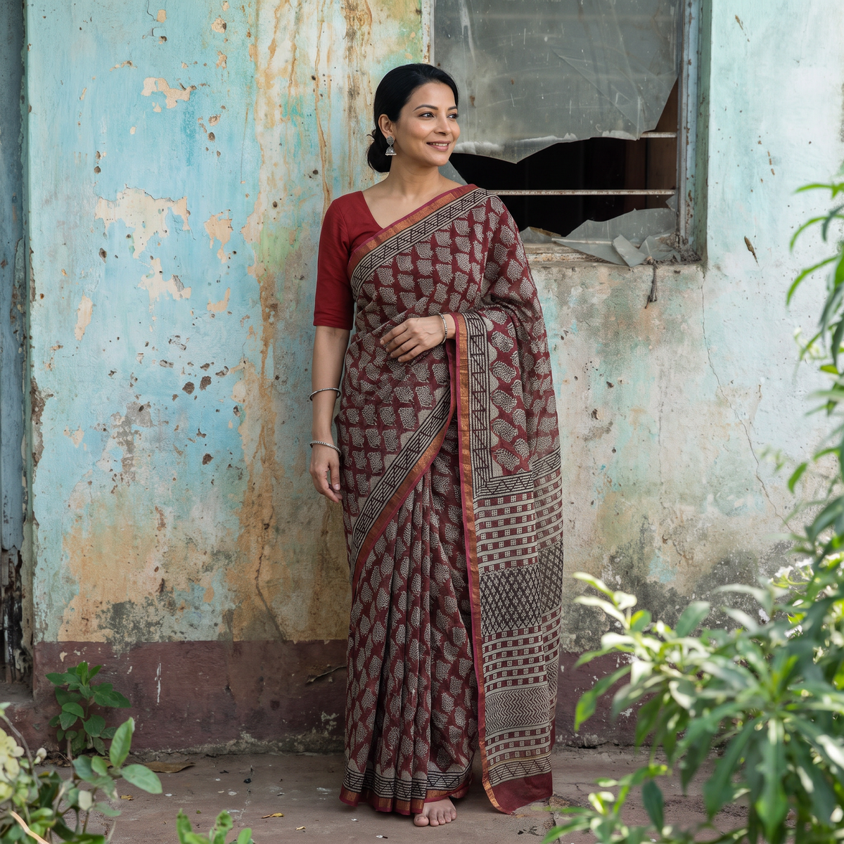 Black Maroon Bagru Hand Block Print Kota Doria Cotton Saree, draped and worn by a woman, AI visual of the saree, iTokri