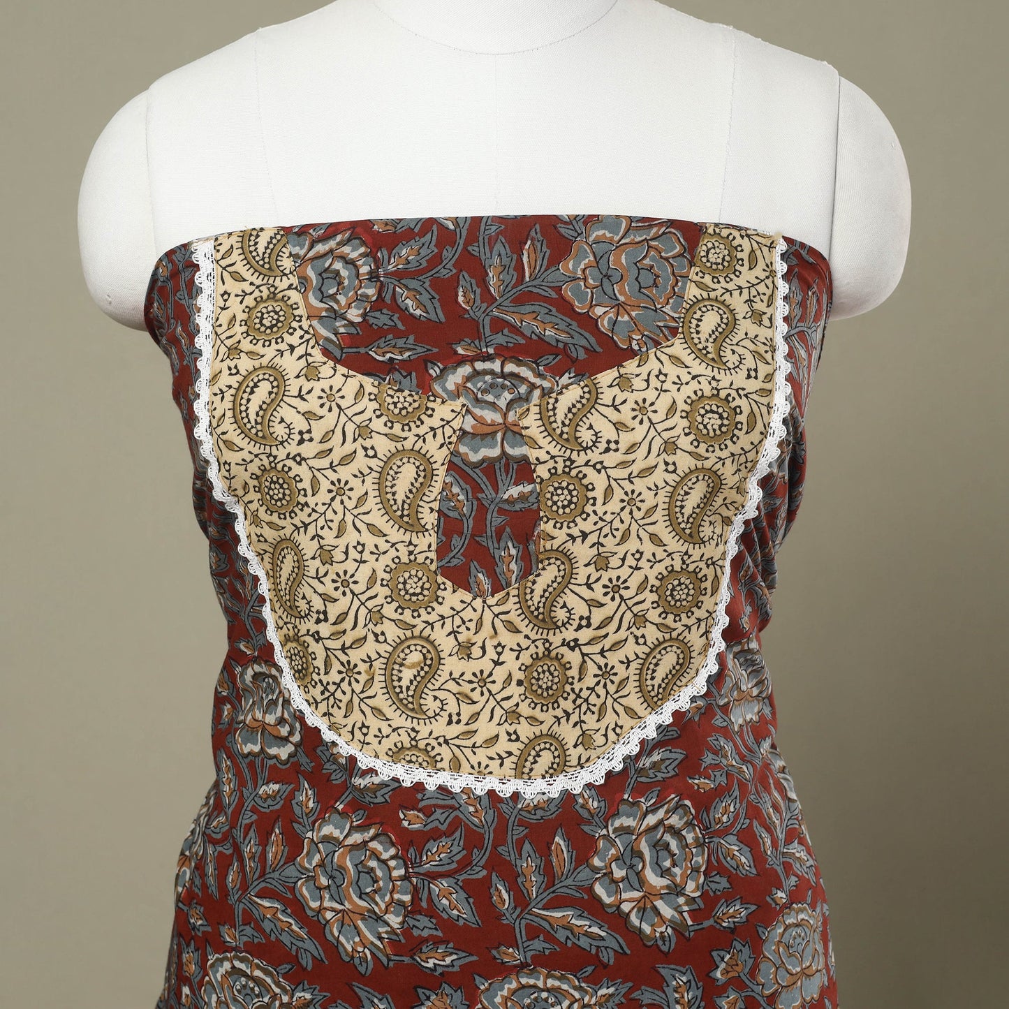 Buy Maroon Bagru Print Patchwork Cotton Kurta Material