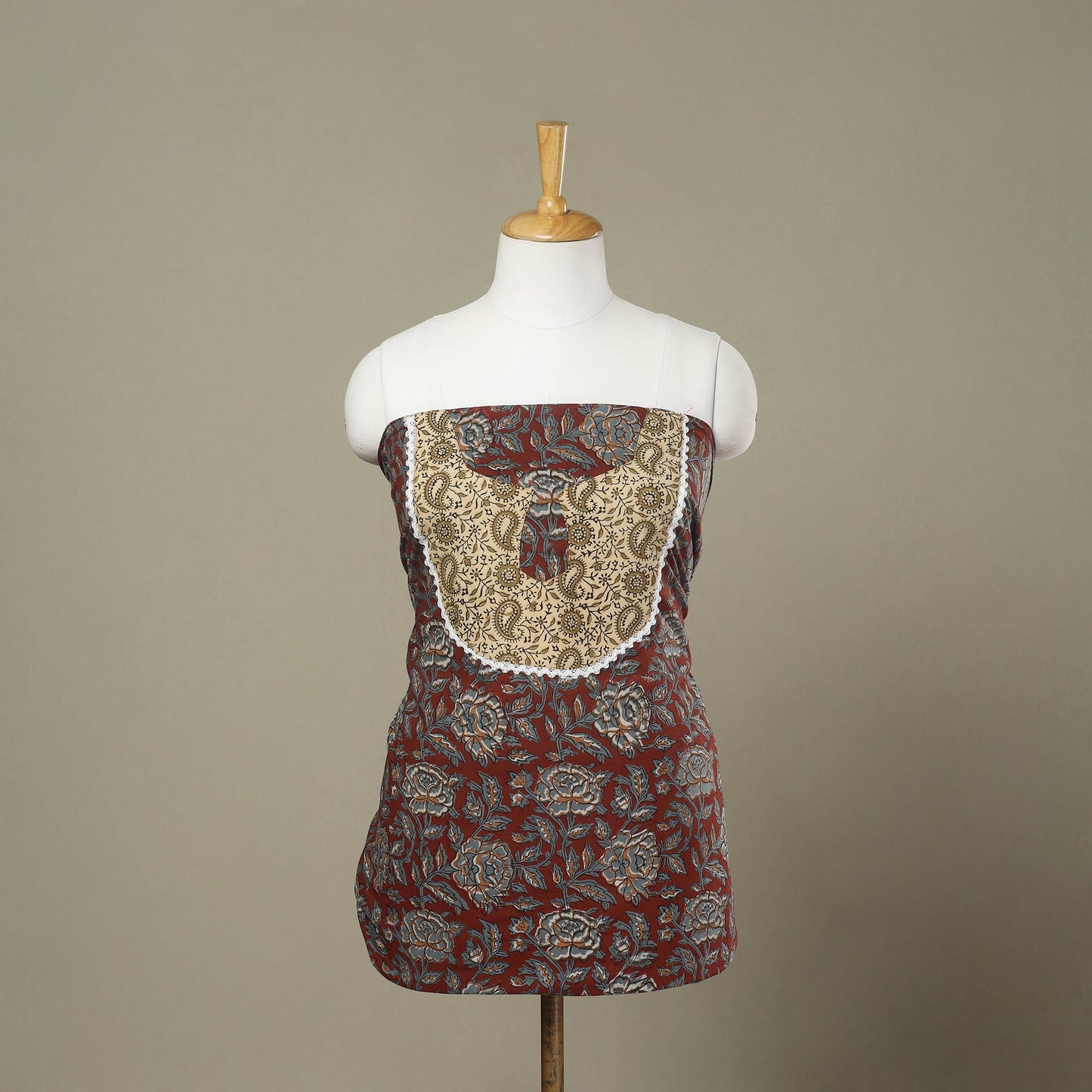 Buy Maroon Bagru Print Patchwork Cotton Kurta Material