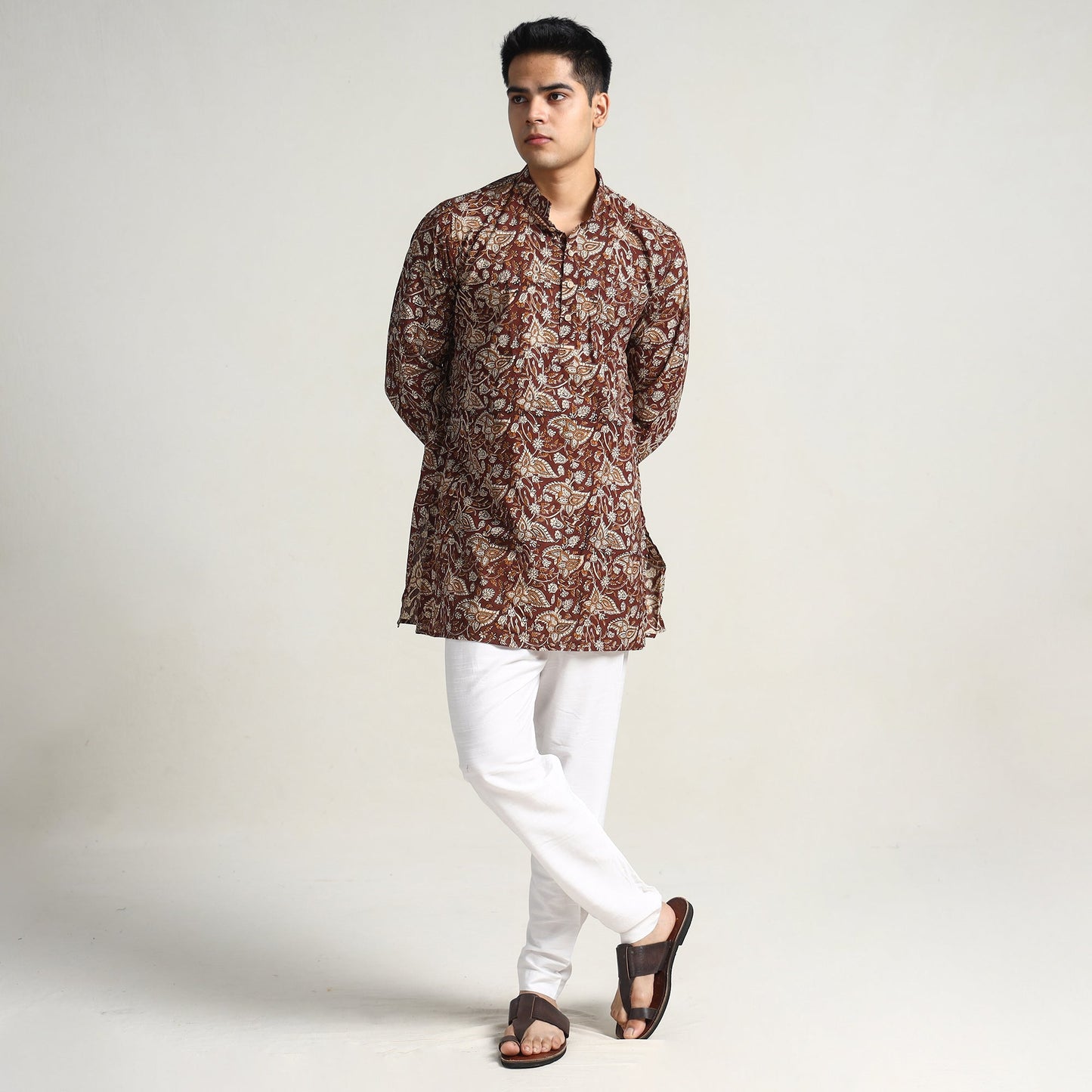 Maroon - bagru printed cotton men short kurta 08