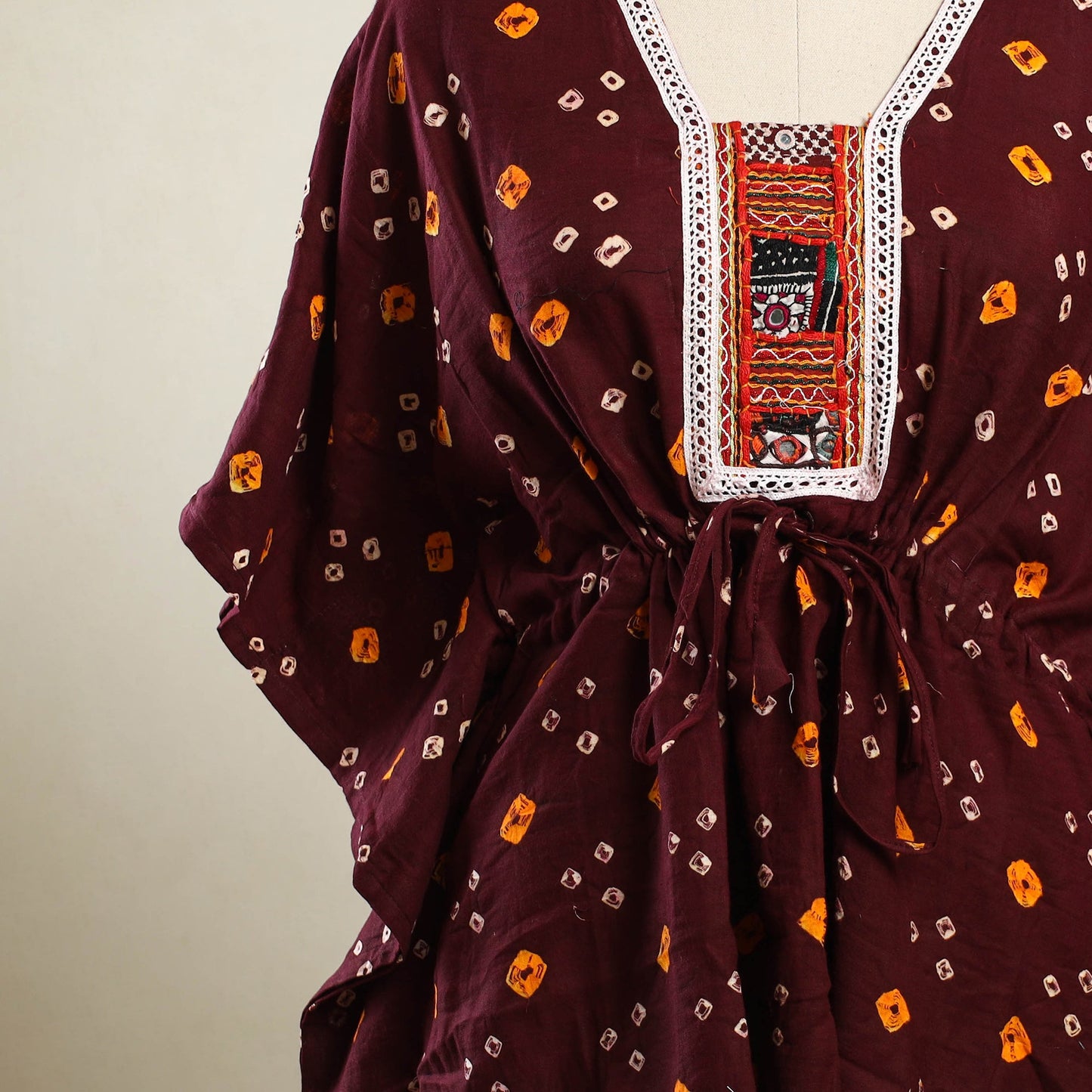 Buy Maroon Bandhani Cotton Kaftan with Desert Embroidery