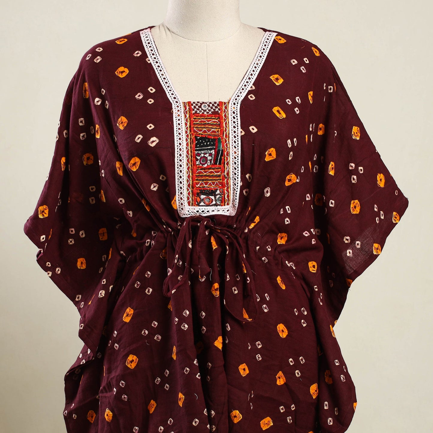 Buy Maroon Bandhani Cotton Kaftan with Desert Embroidery