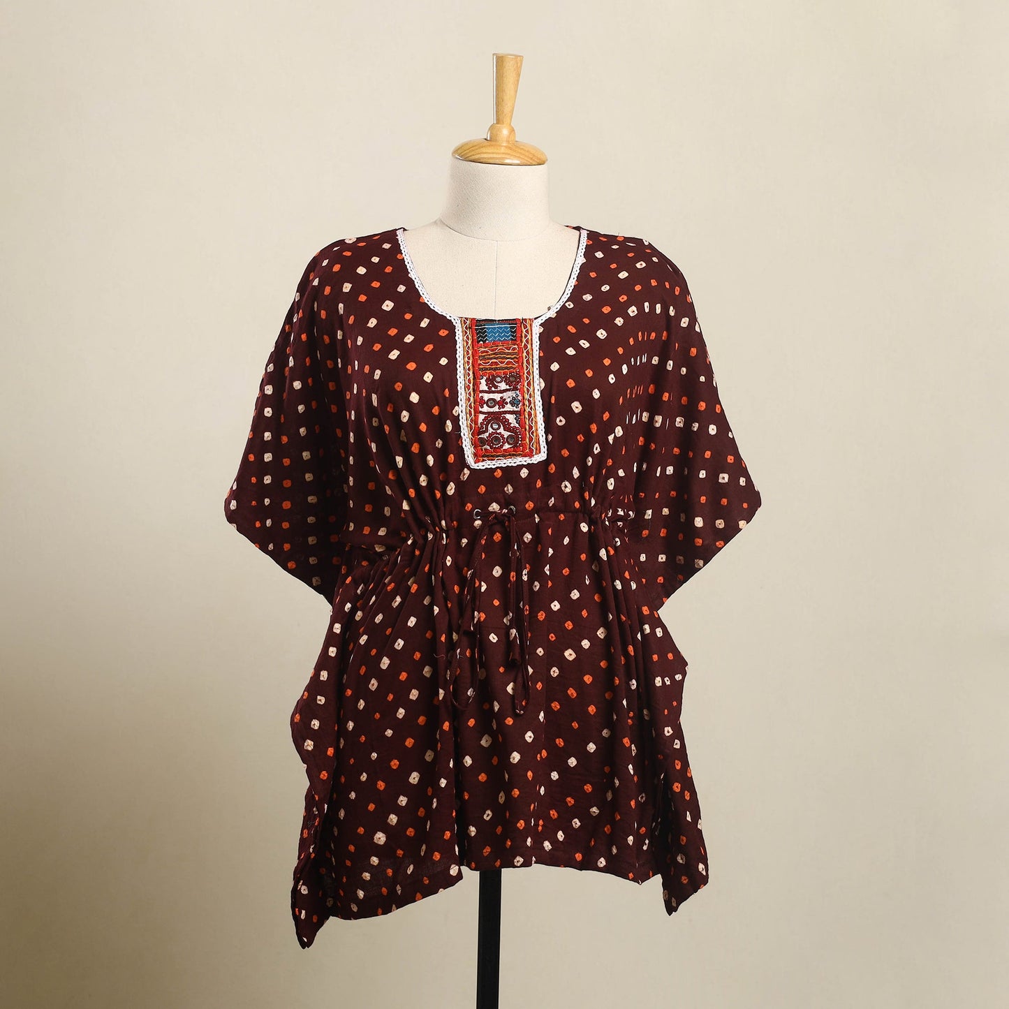 Buy Maroon Bandhani Cotton Kaftan with Desert Thread Embroidery