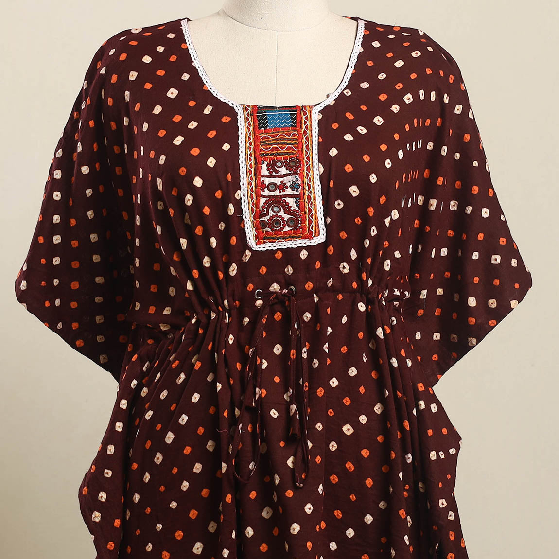 Buy Maroon Bandhani Cotton Kaftan with Desert Thread Embroidery