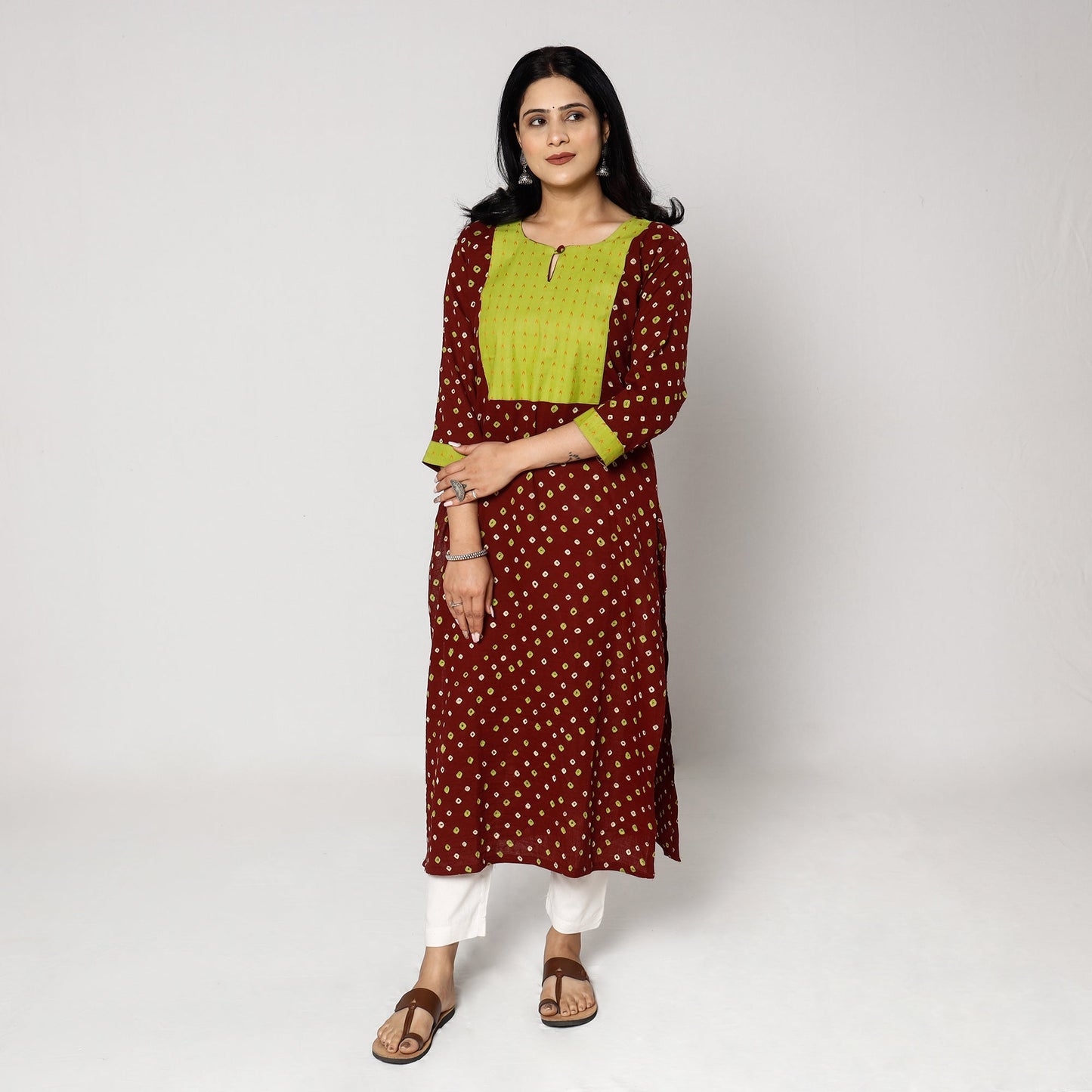  Bandhani Tie-dye Cotton Long Straight Kurta for Women