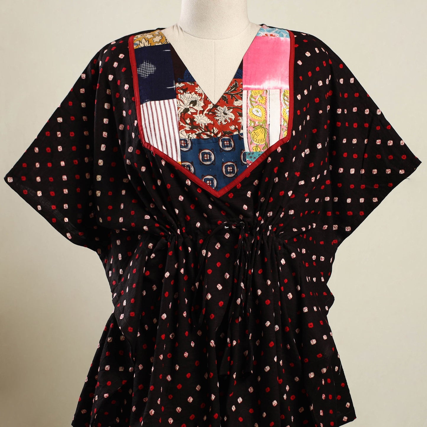 Maroon - bandhani tie-dye patchwork cotton kaftan (short)