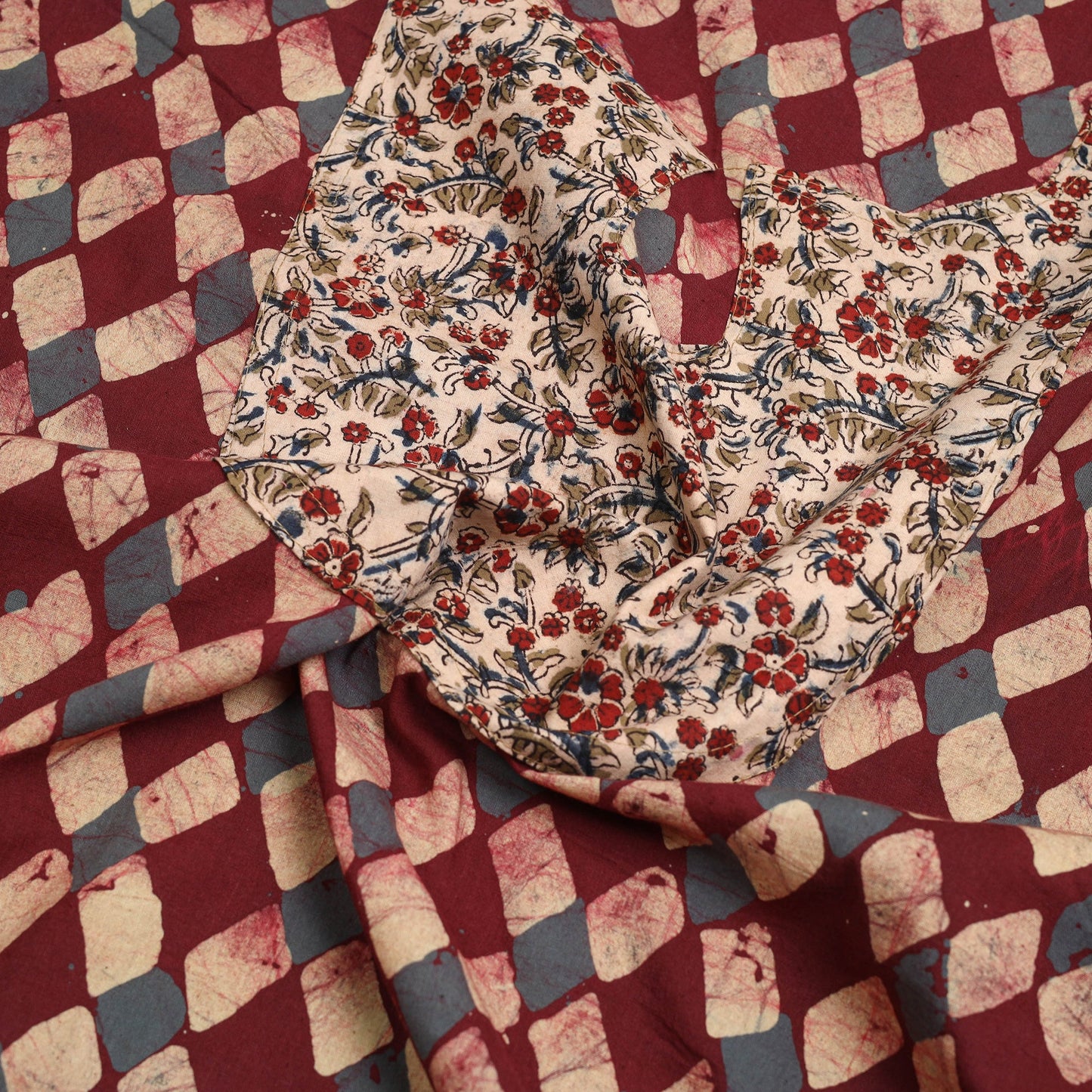  Maroon Batik Print Patchwork Cotton Kurta Material