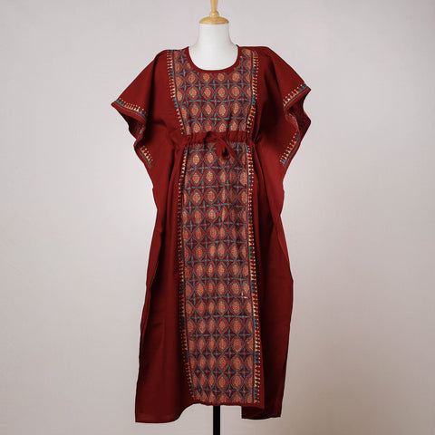 Maroon - Bengal Kantha Embroidery Cotton Kaftan with Tie-Up Waist (Long)