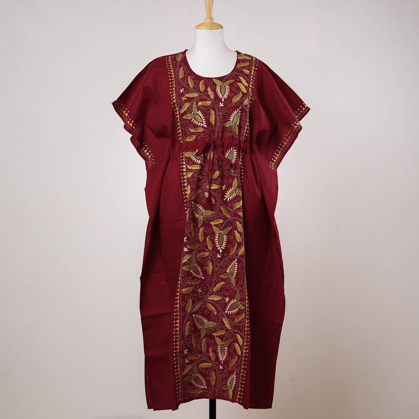  Bengal Kantha Embroidery Cotton Kaftan with Tie-Up Waist (Long) 