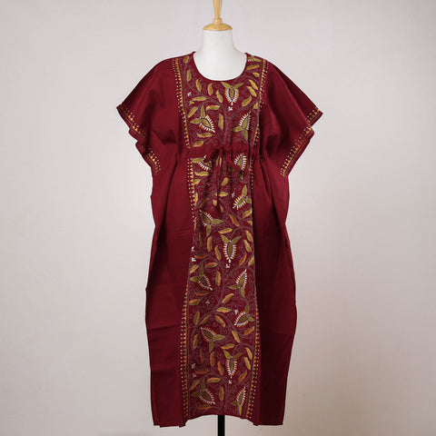  Bengal Kantha Embroidery Cotton Kaftan with Tie-Up Waist (Long) 