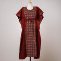 Maroon - Bengal Kantha Embroidery Cotton Kaftan with Tie-Up Waist (Long)