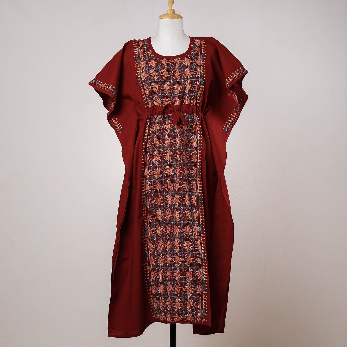 Maroon - Bengal Kantha Embroidery Cotton Kaftan with Tie-Up Waist (Long)