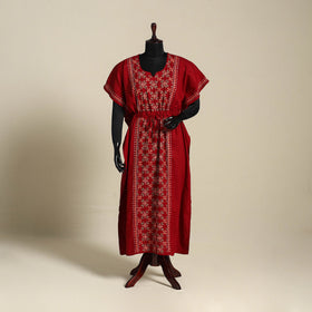Maroon Bengal Kantha Hand Embroidery Cotton Kaftan (Long) 