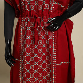 Maroon Bengal Kantha Hand Embroidery Cotton Kaftan (Long) 