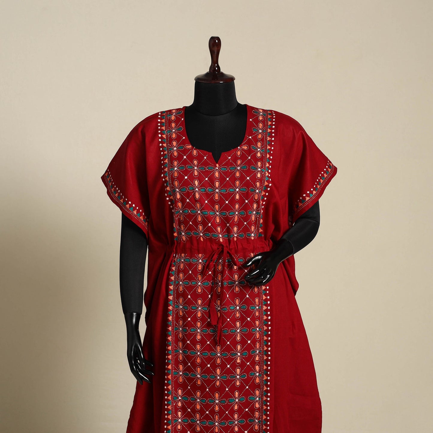 Maroon Bengal Kantha Hand Embroidery Cotton Kaftan (Long) 