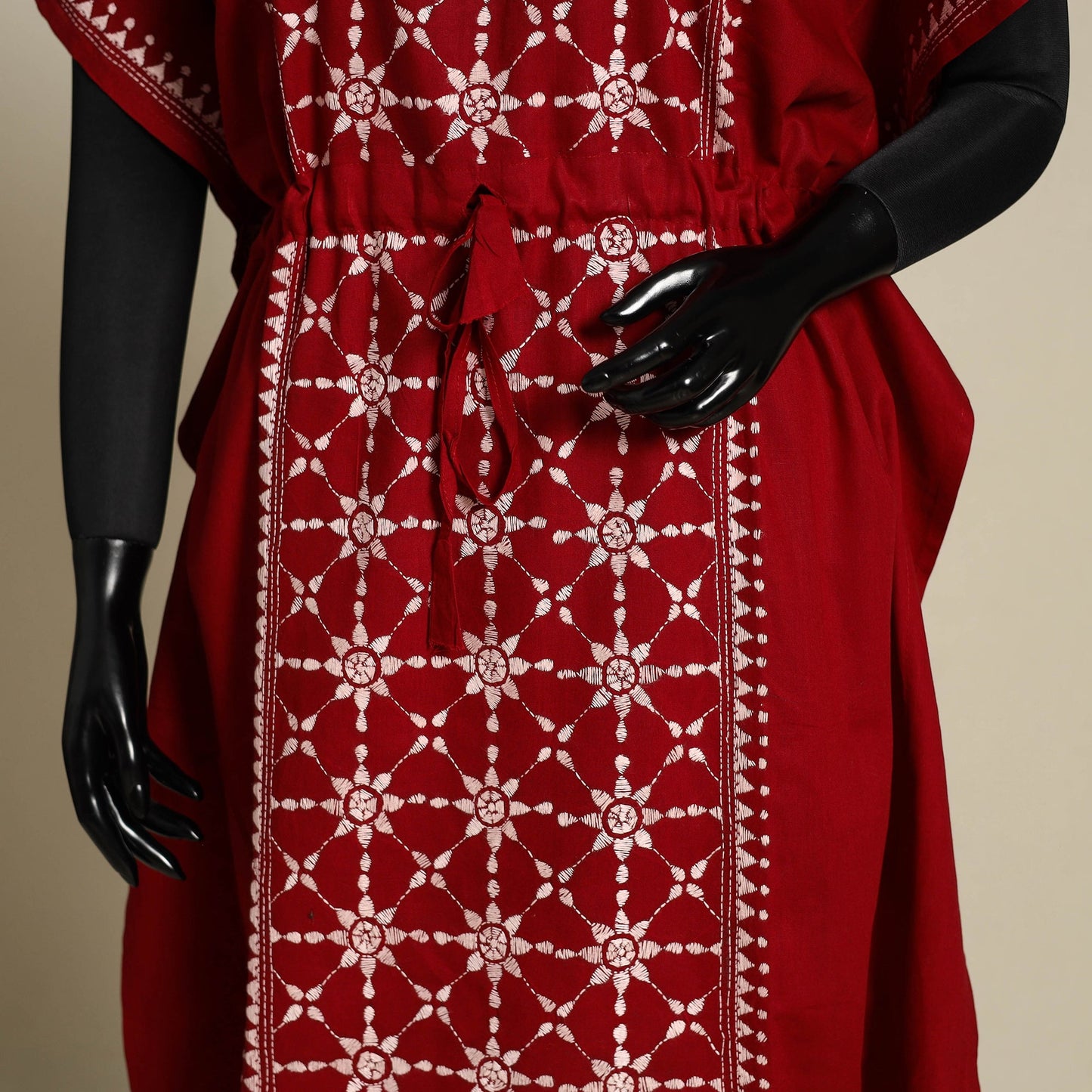 Maroon - bengal kantha hand embroidery cotton kaftan (long)