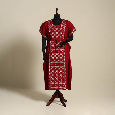 Maroon - bengal kantha hand embroidery cotton kaftan (long)