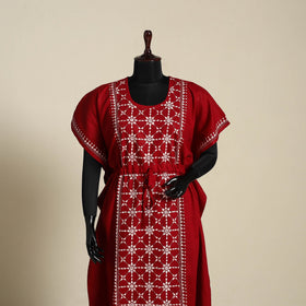 Maroon - bengal kantha hand embroidery cotton kaftan (long)