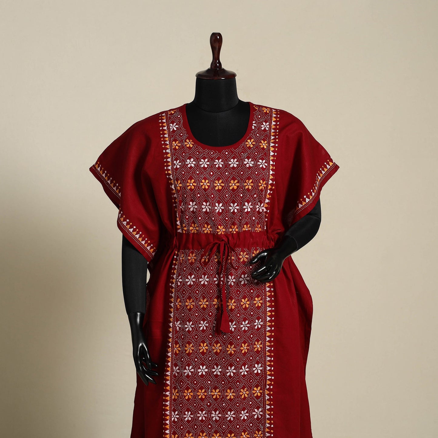 Maroon Bengal Kantha Hand Embroidery Cotton Kaftan (Long) 