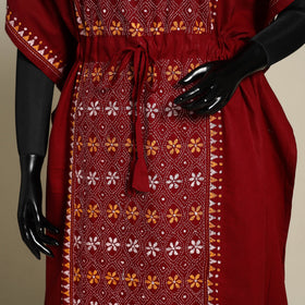 Maroon Bengal Kantha Hand Embroidery Cotton Kaftan (Long) 