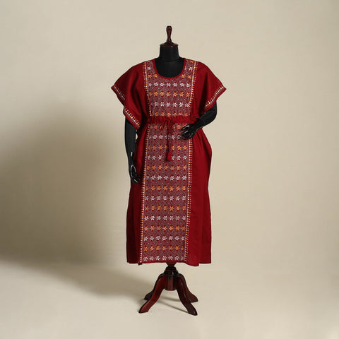 Maroon Bengal Kantha Hand Embroidery Cotton Kaftan (Long) 