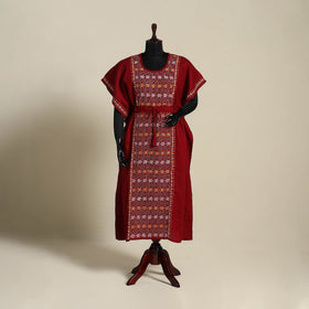 Maroon Bengal Kantha Hand Embroidery Cotton Kaftan (Long) 