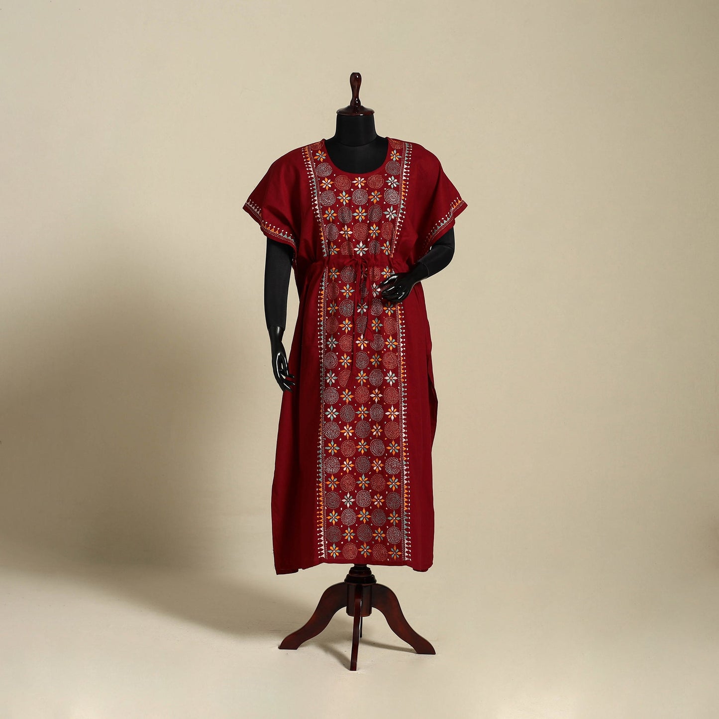 Maroon Bengal Kantha Hand Embroidery Cotton Kaftan (Long) 