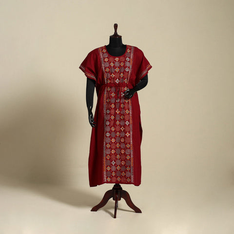 Maroon Bengal Kantha Hand Embroidery Cotton Kaftan (Long) 