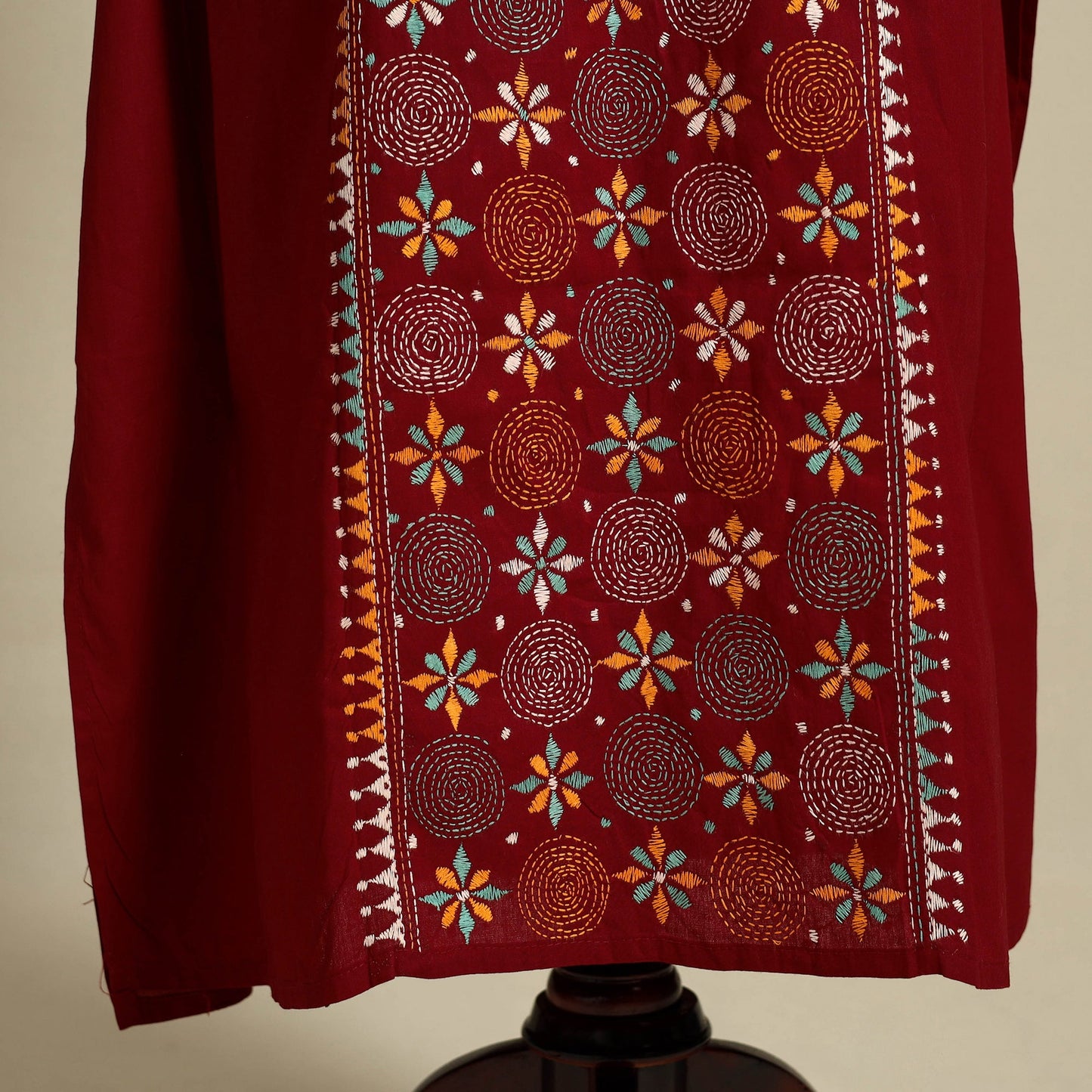 Maroon Bengal Kantha Hand Embroidery Cotton Kaftan (Long) 