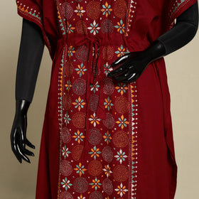 Maroon Bengal Kantha Hand Embroidery Cotton Kaftan (Long) 