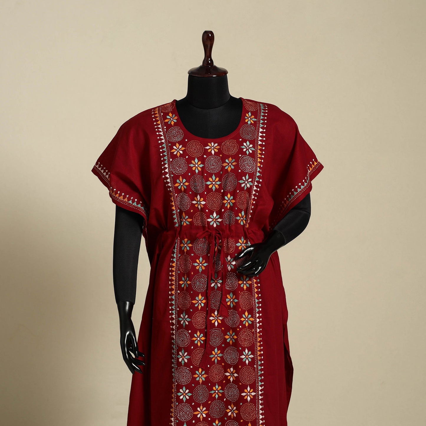 Maroon Bengal Kantha Hand Embroidery Cotton Kaftan (Long) 