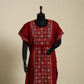 Maroon Bengal Kantha Hand Embroidery Cotton Kaftan (Long) 