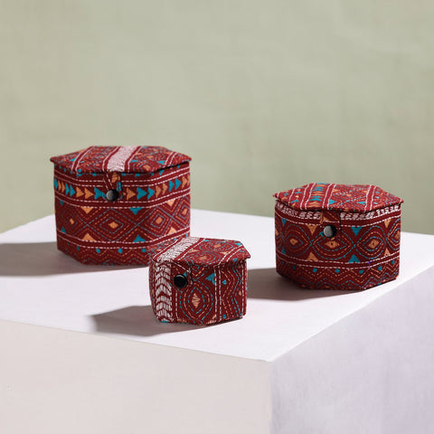  Bengal Kantha Work Handcrafted Hexagon Jewelry Box (Set of 3) 