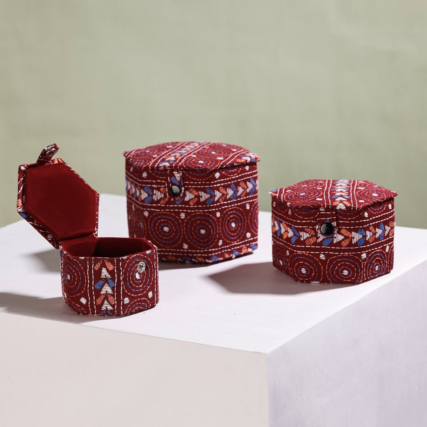  Bengal Kantha Work Handcrafted Hexagon Jewelry Box (Set of 3) 