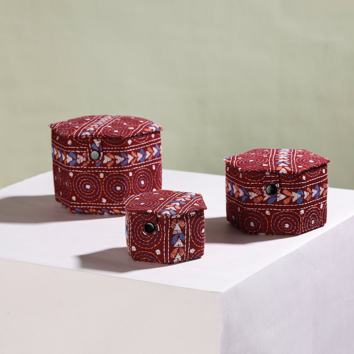  Bengal Kantha Work Handcrafted Hexagon Jewelry Box (Set of 3) 