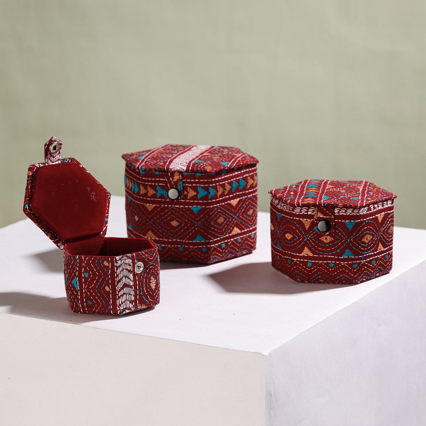  Bengal Kantha Work Handcrafted Hexagon Jewelry Box (Set of 3) 