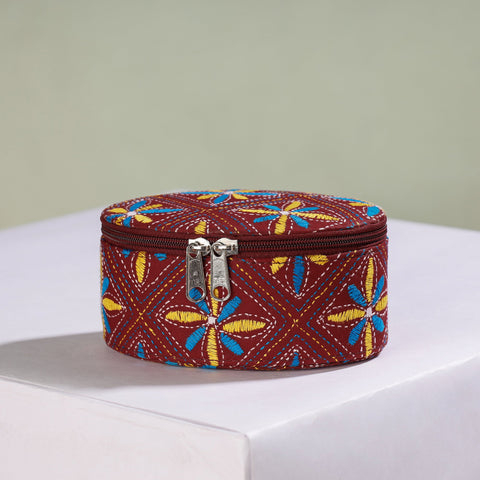 Maroon Bengal Kantha Work Handcrafted Oval Jewelry Box with Mirror 