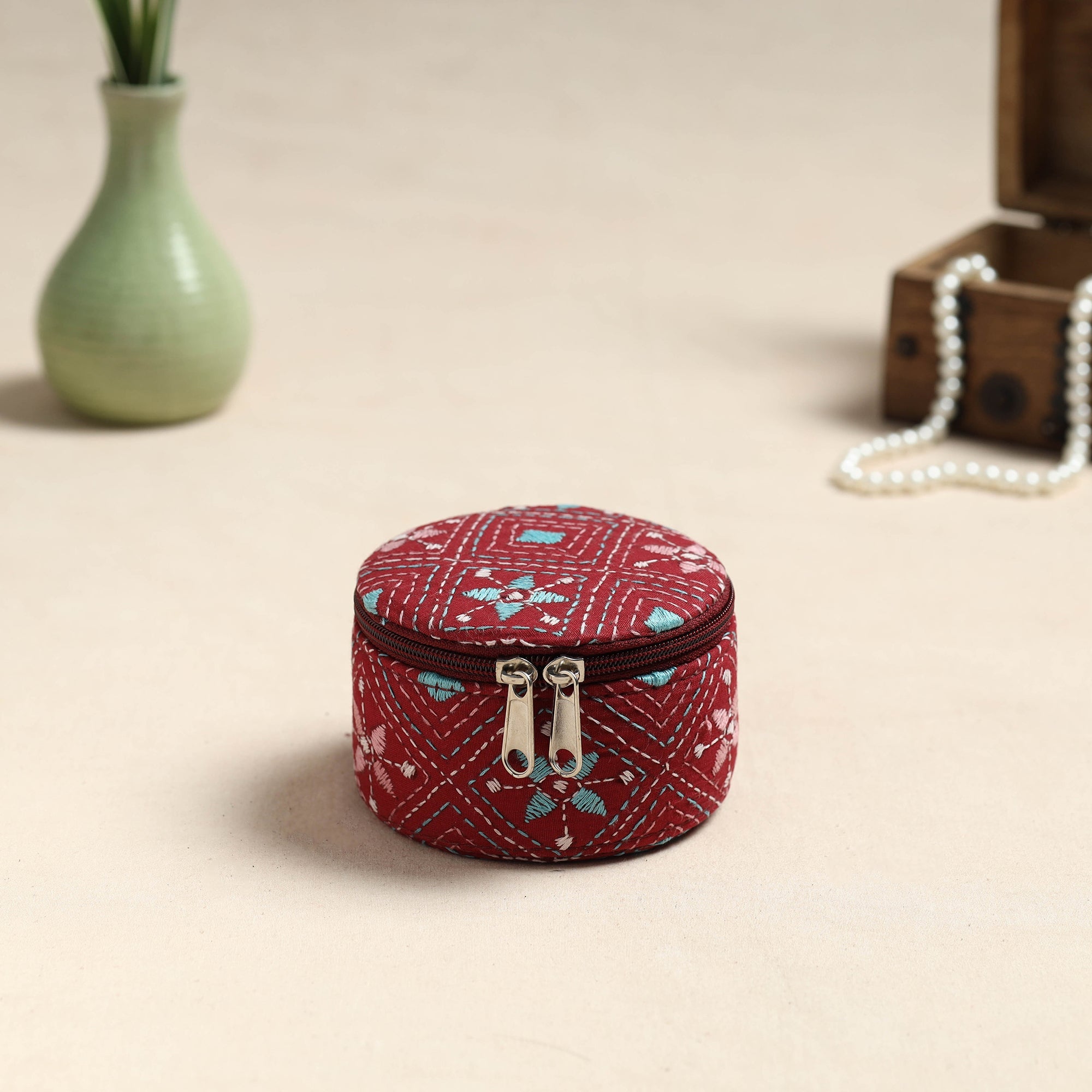  Bengal Kantha Work Handcrafted Round Maroon Utility Box 