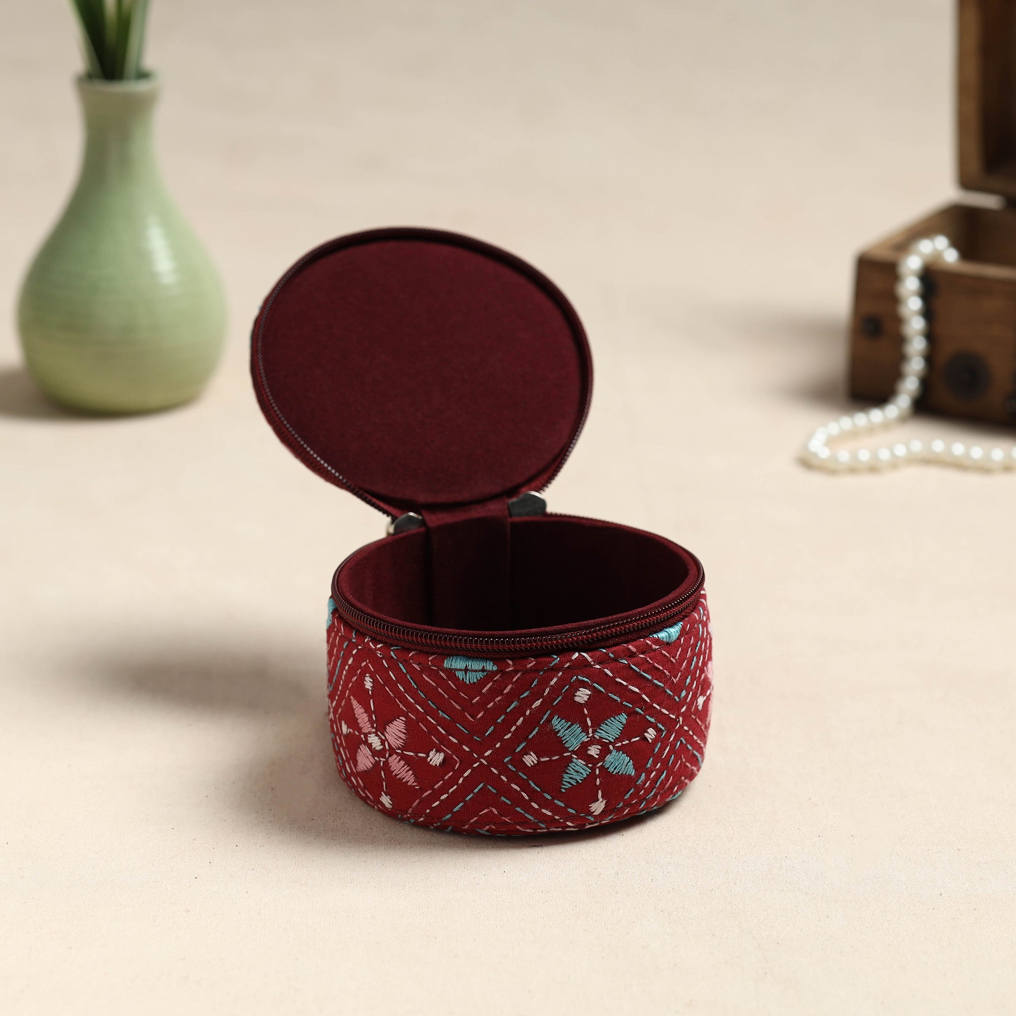  Bengal Kantha Work Handcrafted Round Maroon Utility Box 