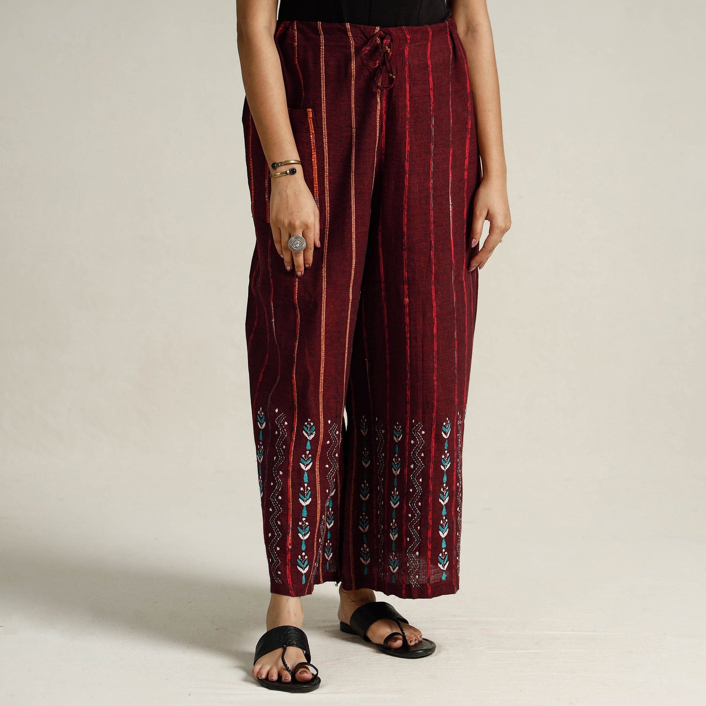 Maroon Bengal Khesh Weaving Cotton Kantha Embroidery Palazzo